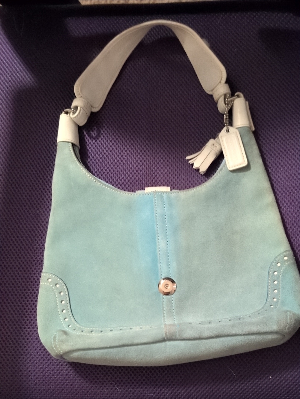 Coach Light Blue Suede Hobo with White Strap